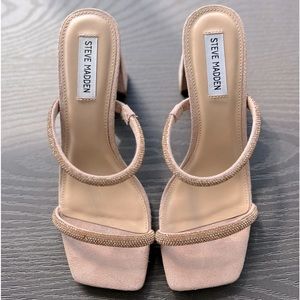 Steve Madden Pink Rose Strapped Block 3 inch Heel Rhinestone Womens Shoes